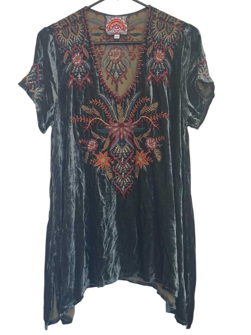 Johnny Was Forest Green Velvet Tunic with Multicolor Embroidery